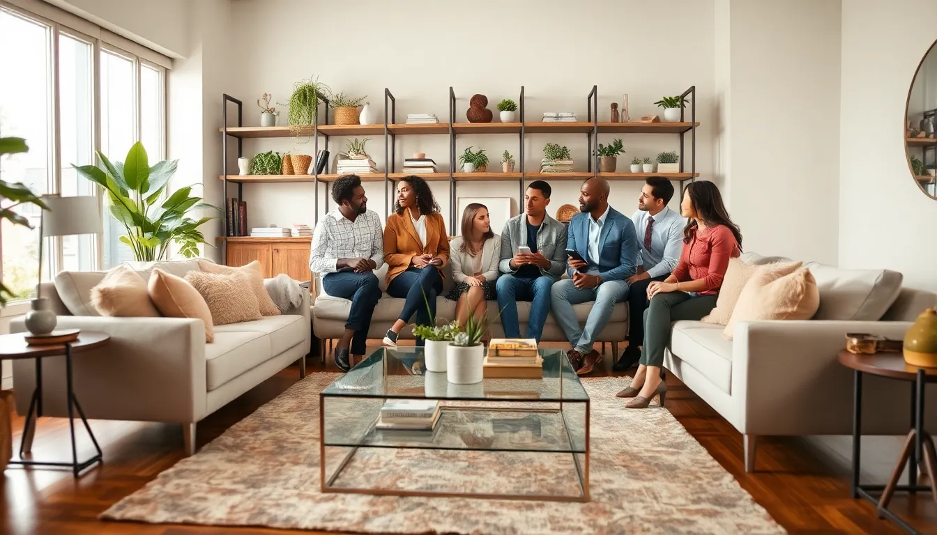 diverse group discussing furniture in a modern living room.