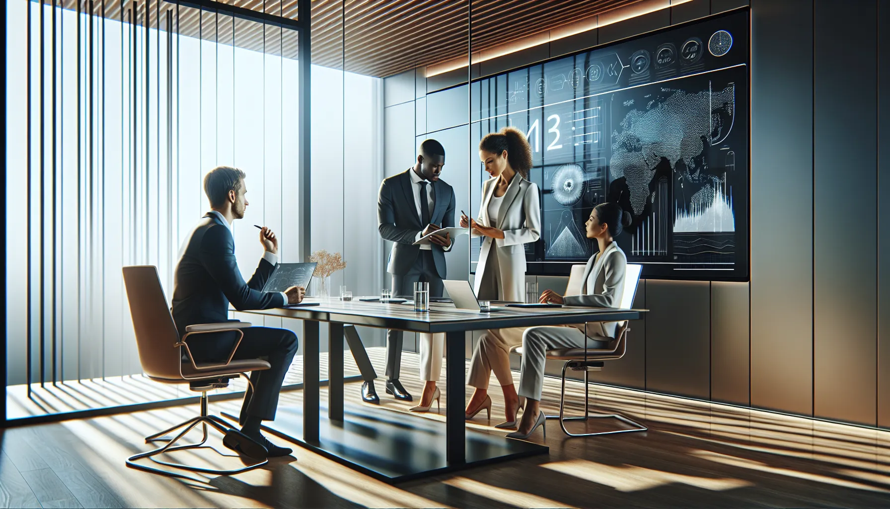 diverse professionals discussing numerical patterns in a modern office.