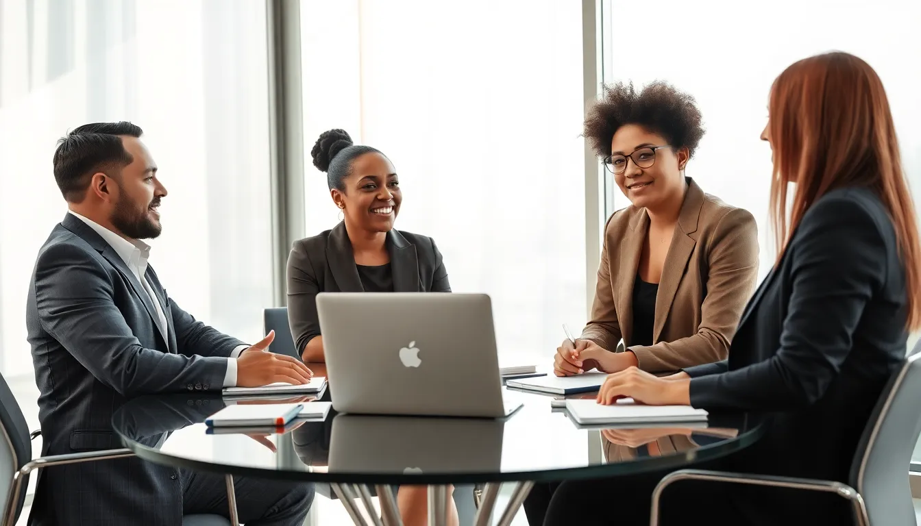 diverse professionals collaborating in a modern office setting.