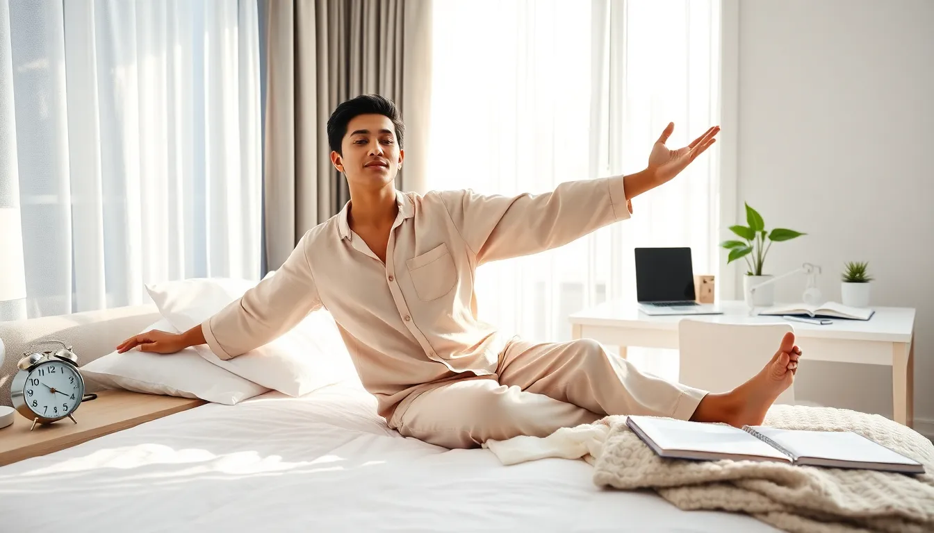 a young professional stretching in a sunlit modern bedroom.