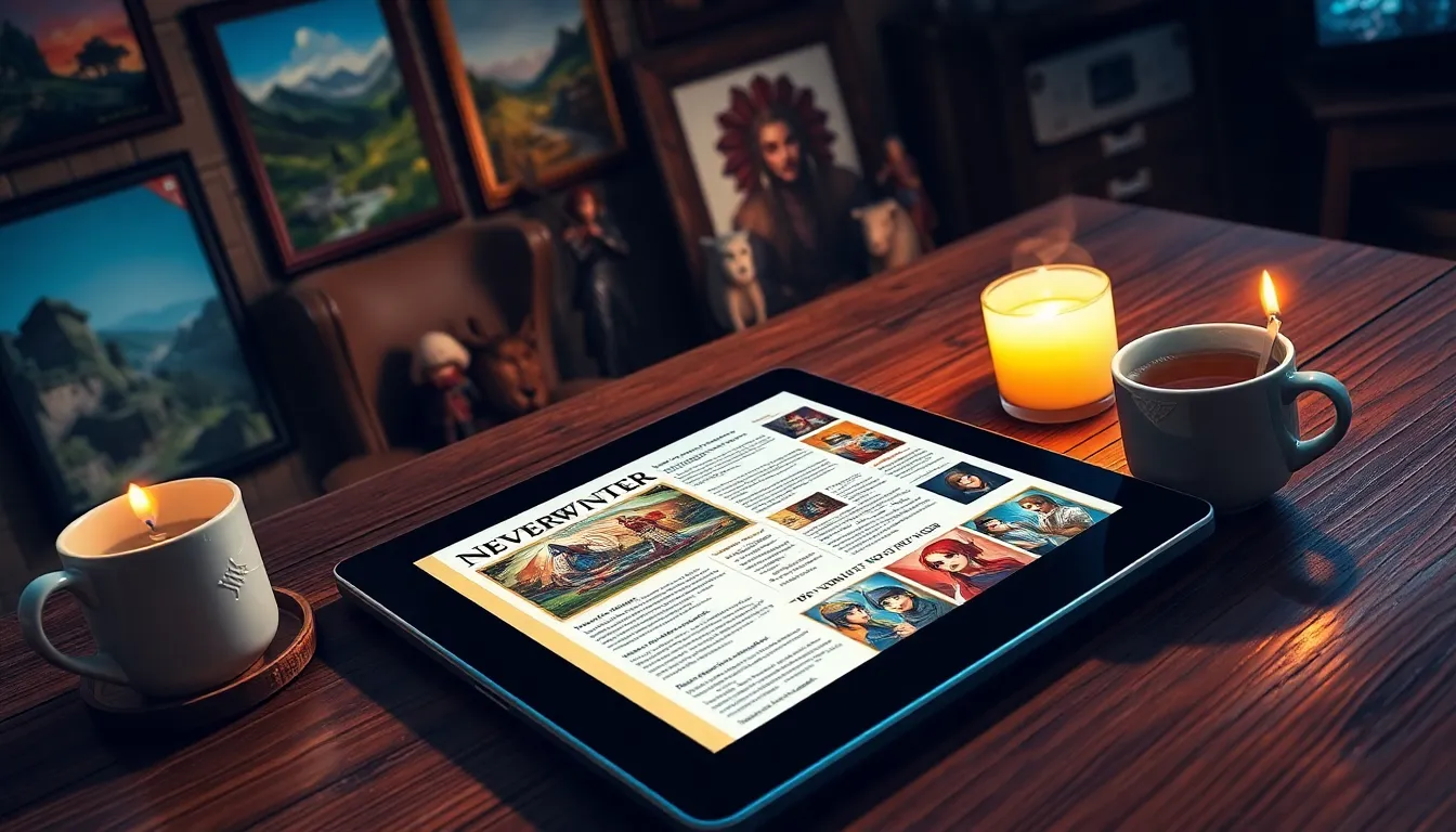 A digital magazine about Neverwinter on a wooden table in a cozy setting.