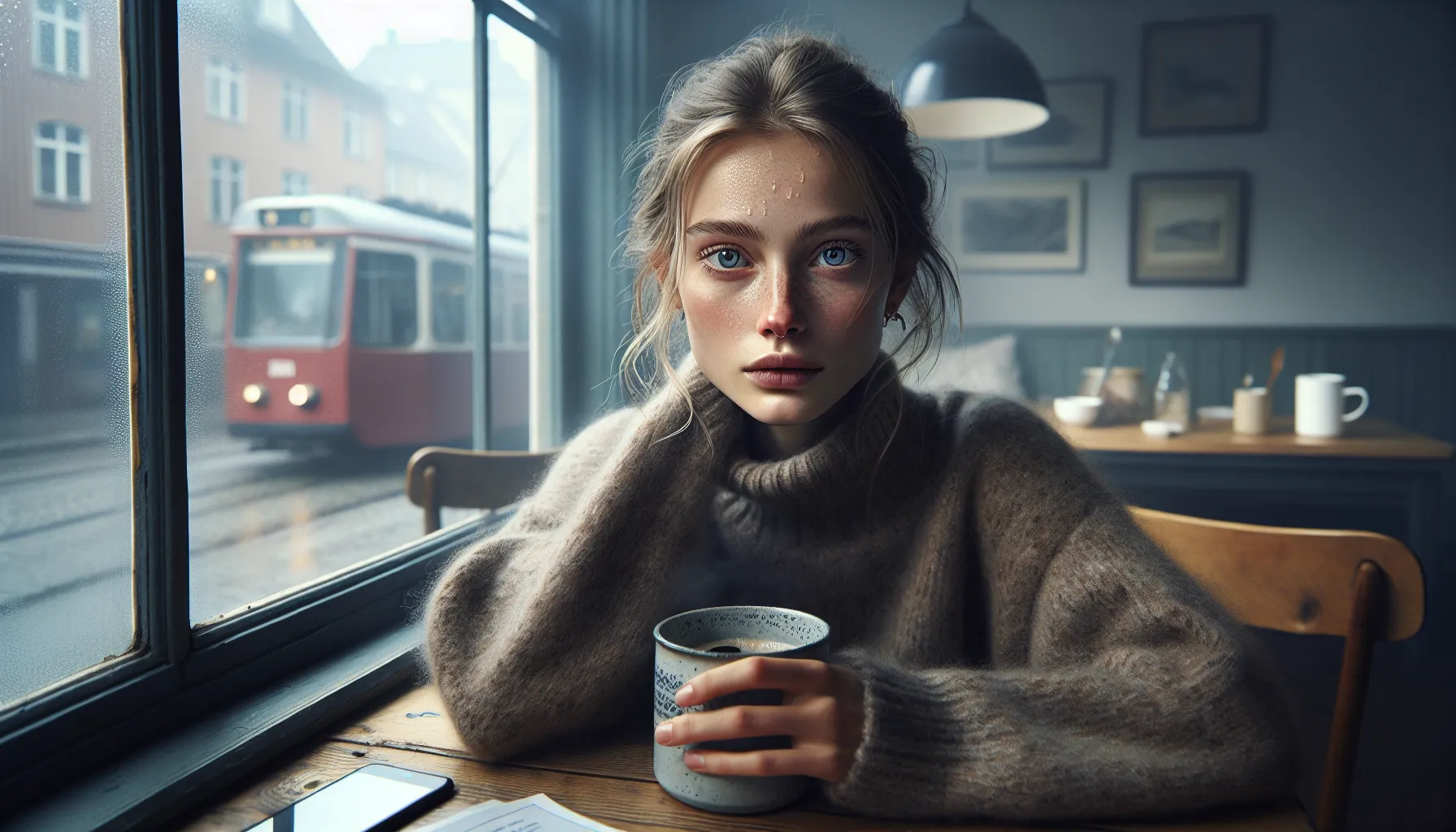 Young woman in oslo kitchen showing anxiety symptoms on a gray morning.