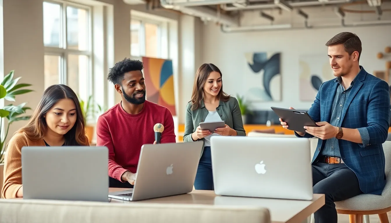 diverse group collaborating on various side hustle ideas in a bright workspace.