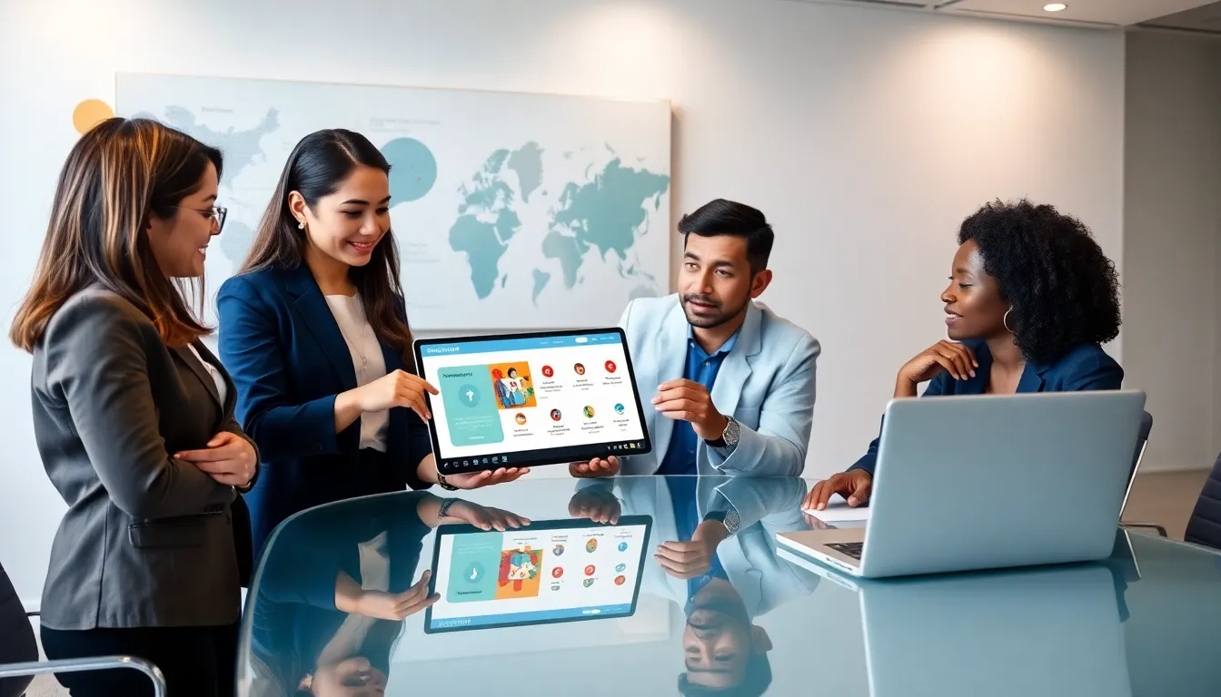 professionals discussing a digital language learning platform in an office.