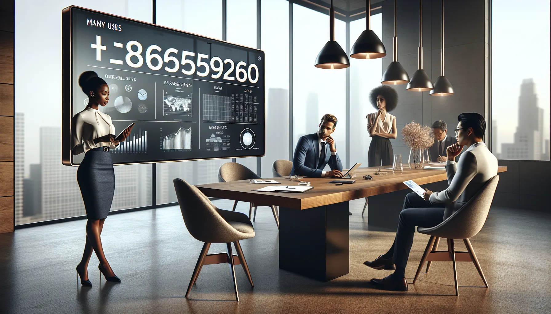 professionals discussing the diverse applications of number 8169559260 in an office.