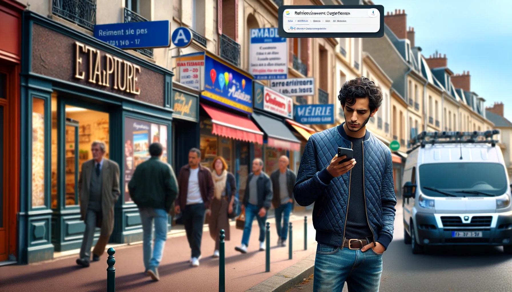 Man in Sevran checking local business results on his smartphone map.