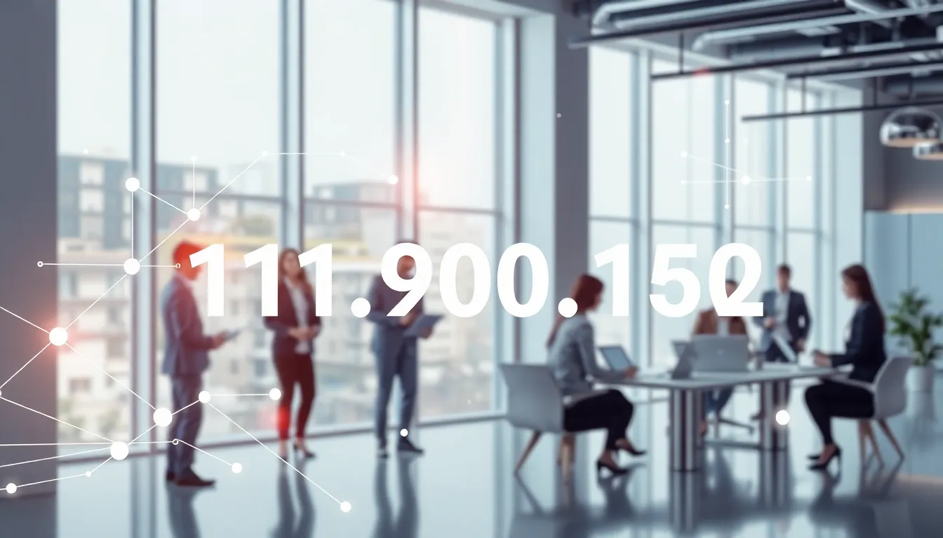 Illustration of an IPv4 address with professionals in a modern workspace.