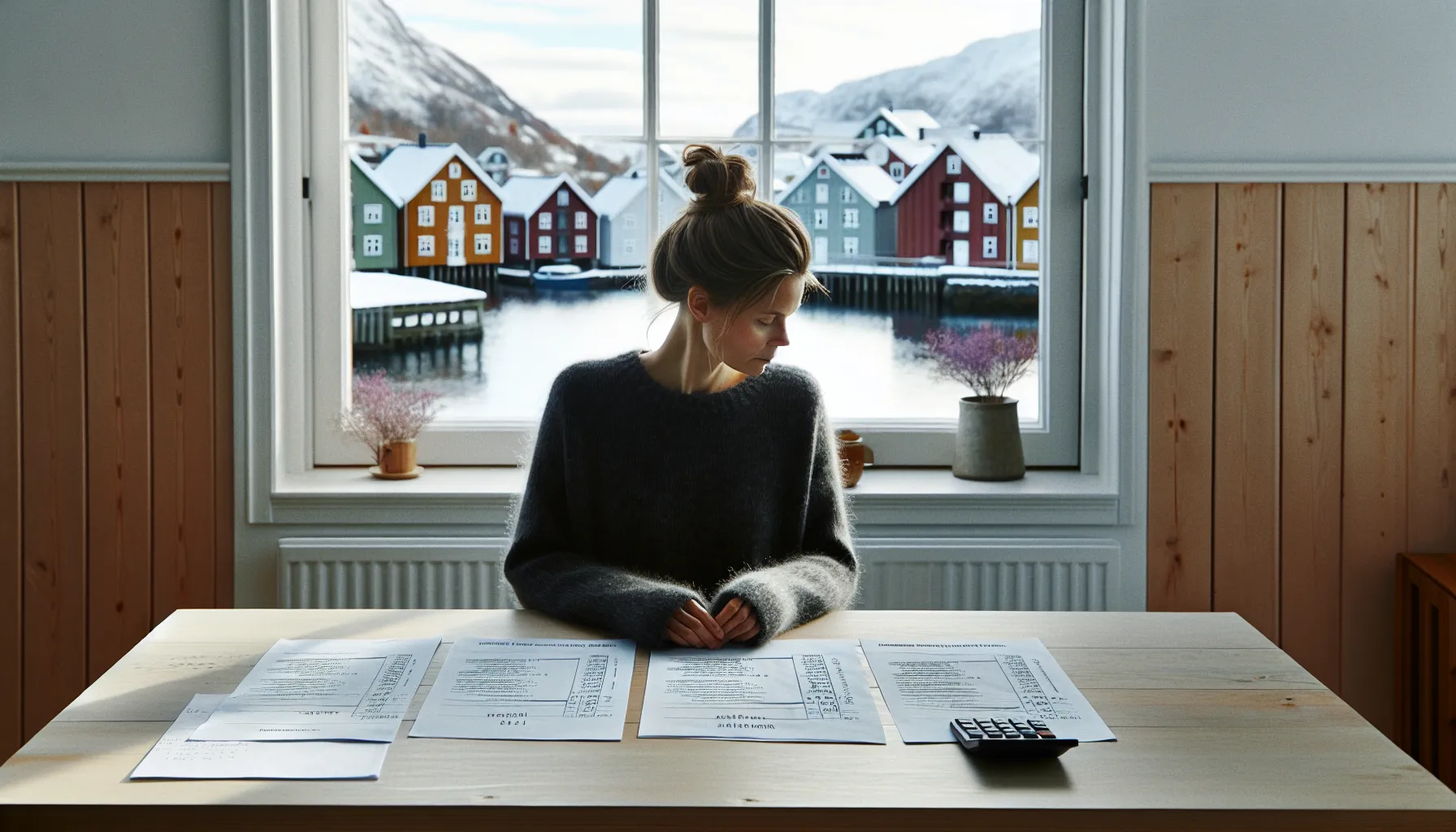 Norwegian homeowner calculates property tax with documents, calculator, and laptop map.