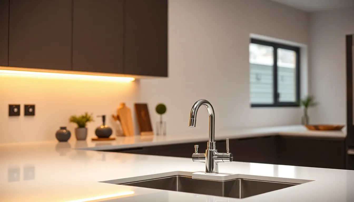 modern kitchen sink illuminated by stylish lighting.