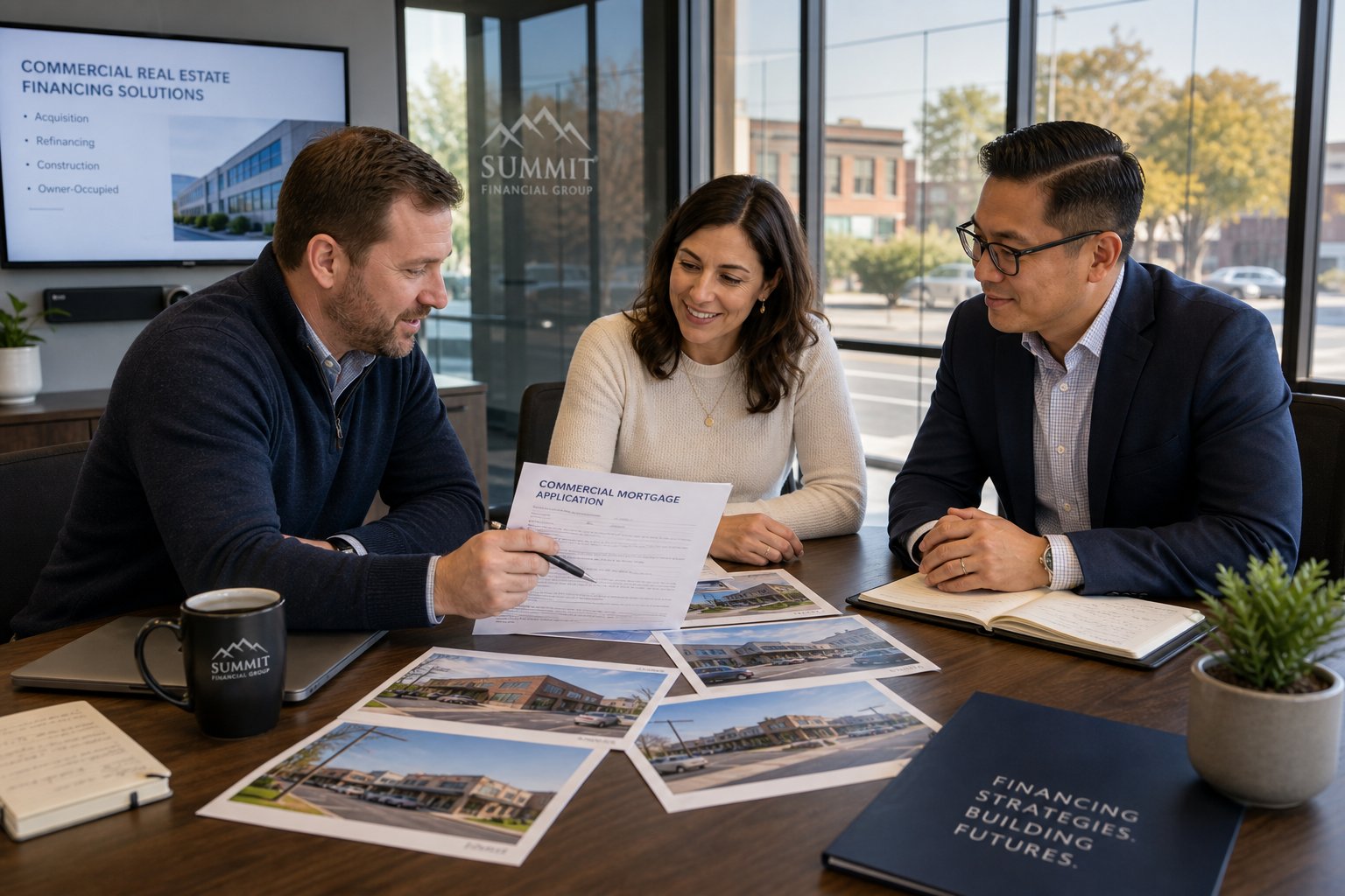 Three professionals reviewing a commercial mortgage application in a glass-fronted meeting room