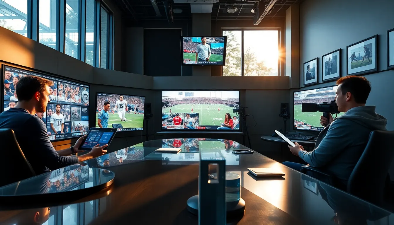 Modern newsroom with diverse journalists covering sports news and multimedia content.