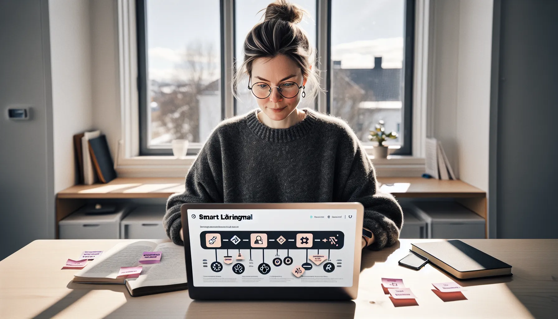 Norwegian designer sets smart learning goals with pre-test data on laptop.