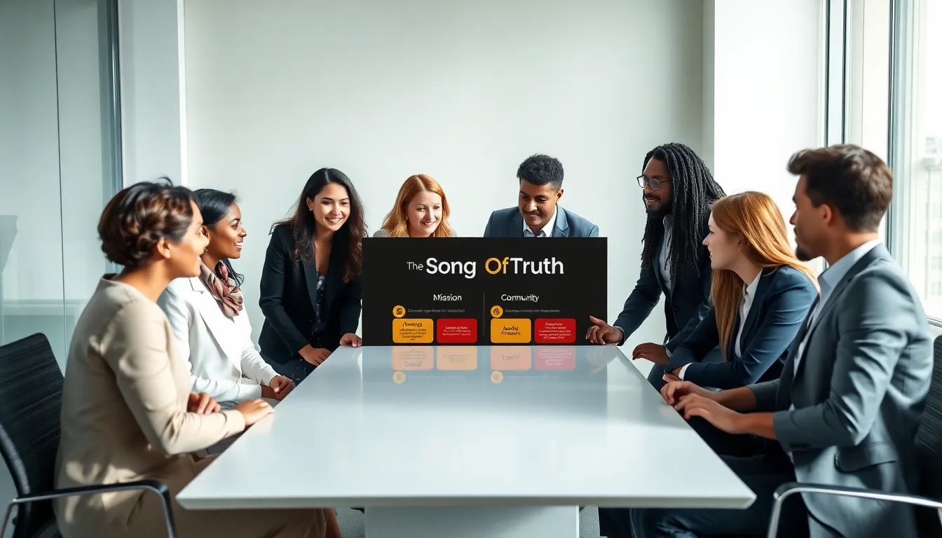 diverse team discussing mission of SongOfTruth Org in a modern office.
