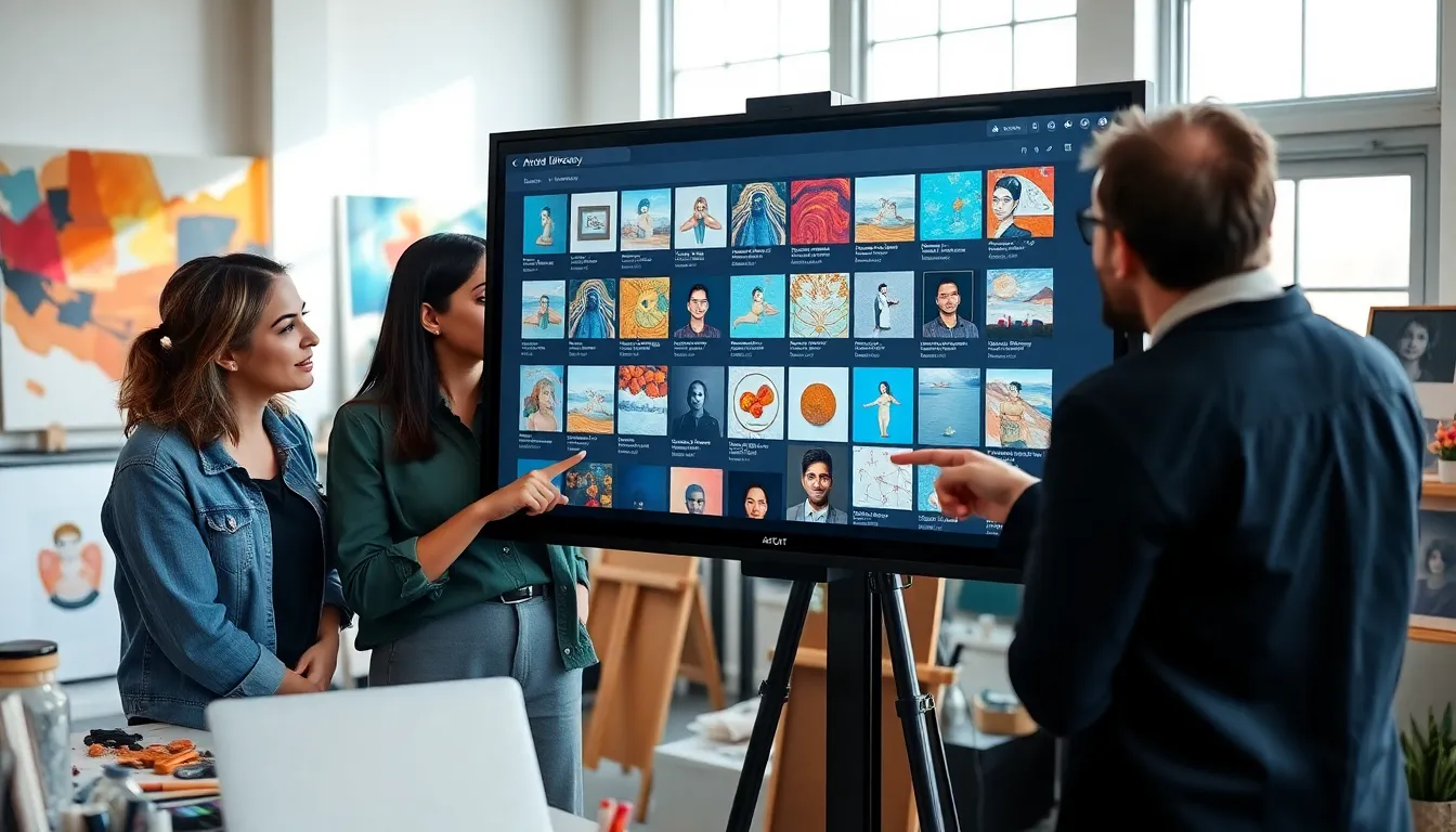 diverse professionals engaging with an artist directory on a modern screen.