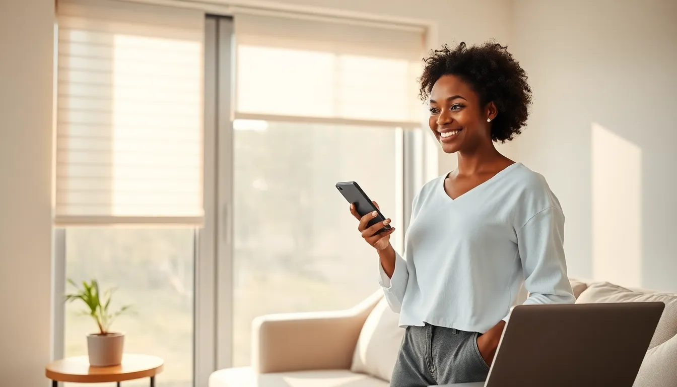 a woman adjusting smart blinds in a bright living room.