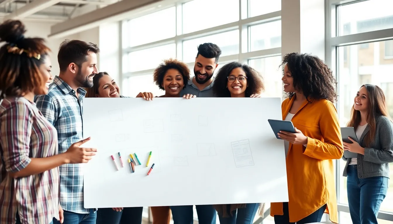 diverse team brainstorming in a modern creative workspace.