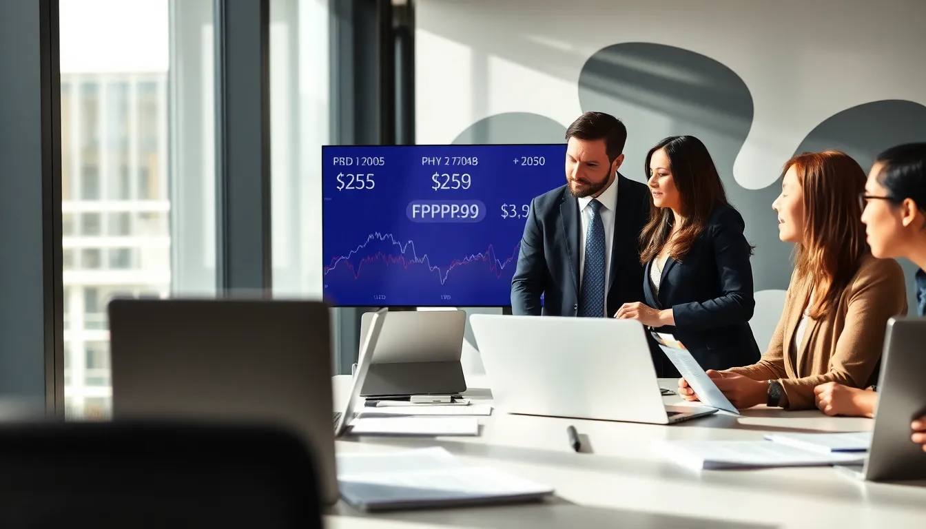 diverse team discussing currency exchange rates in a modern office.