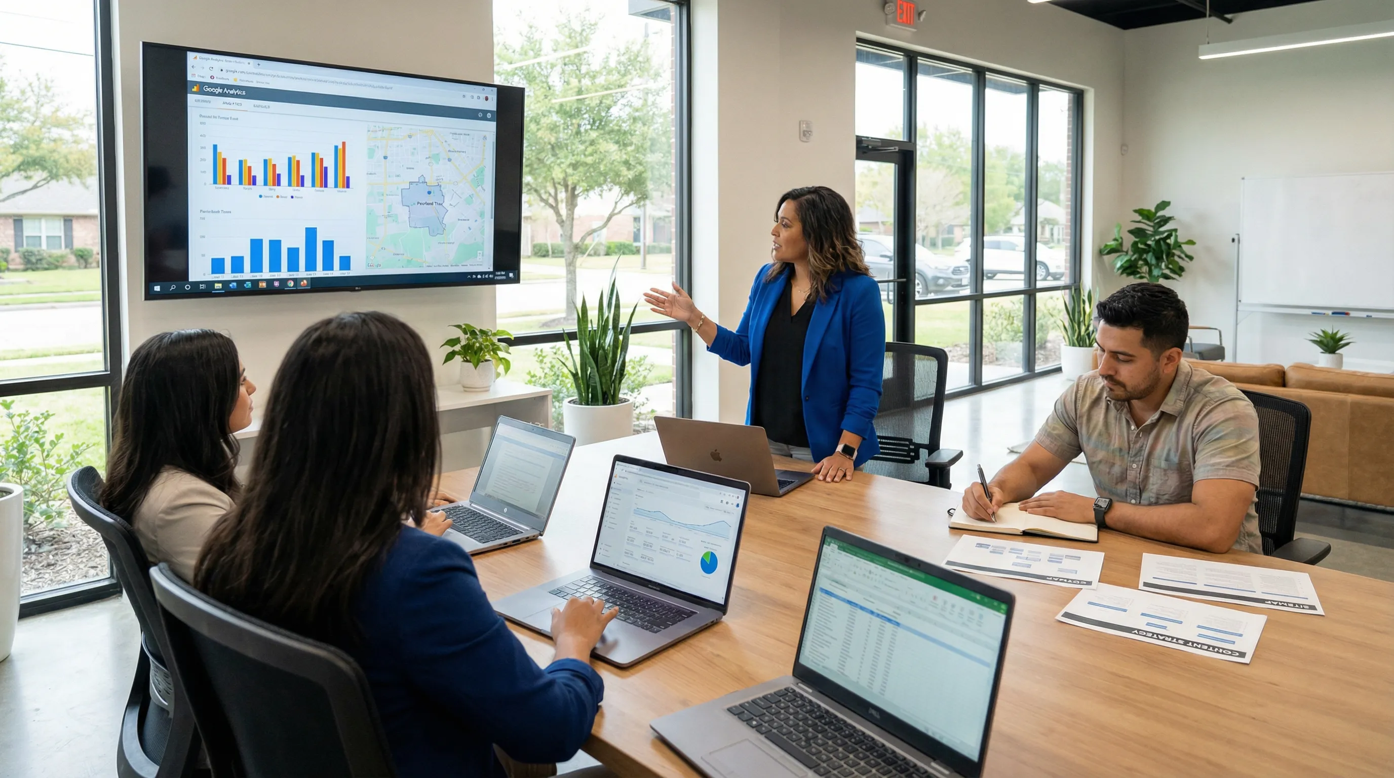 Digital marketing team in a modern Pearland office collaborating over laptops and analytics screens, reviewing local SEO data and website strategy materials in a bright, professional setting.
