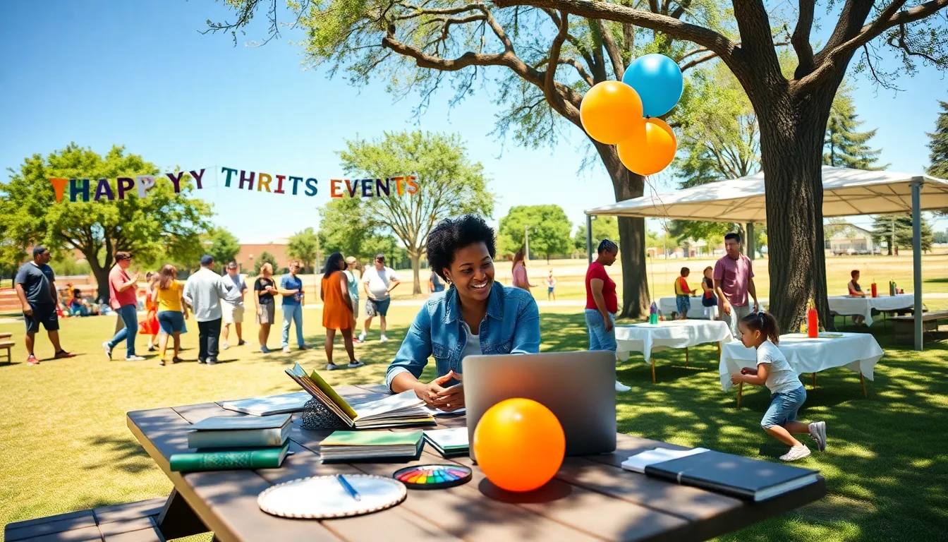 a diverse group planning a thrifty outdoor event in a sunny park.