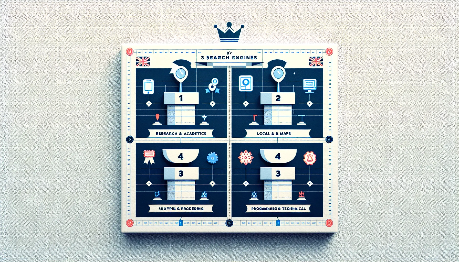 UK-focused chart ranking search engines by use case and priority tiers.