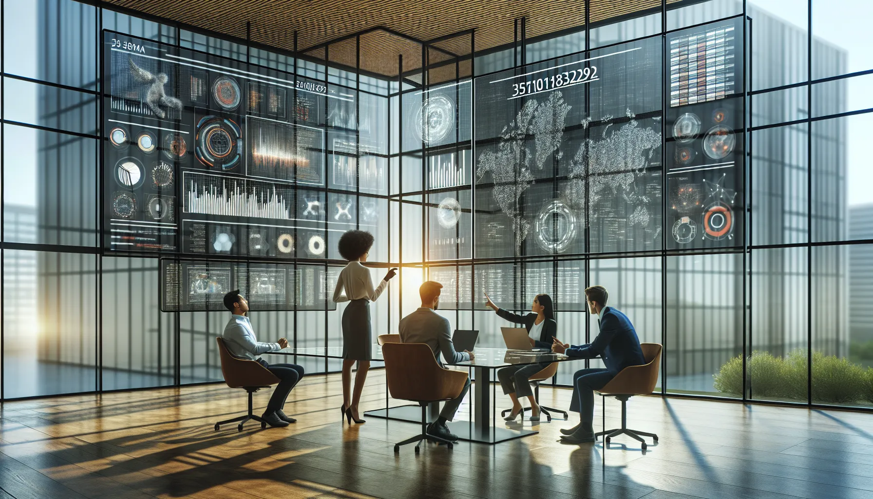 diverse team collaborating over data analytics in a modern office.
