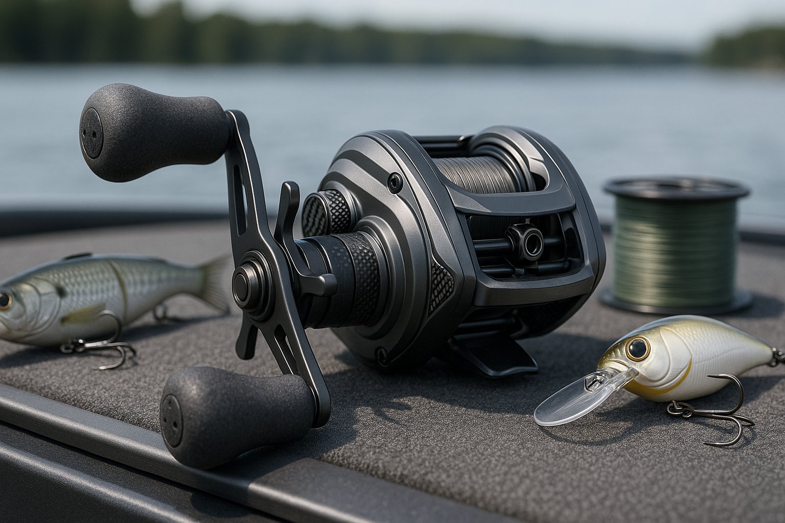 Heavy-duty baitcasting reel with large handle on a clean boat deck.