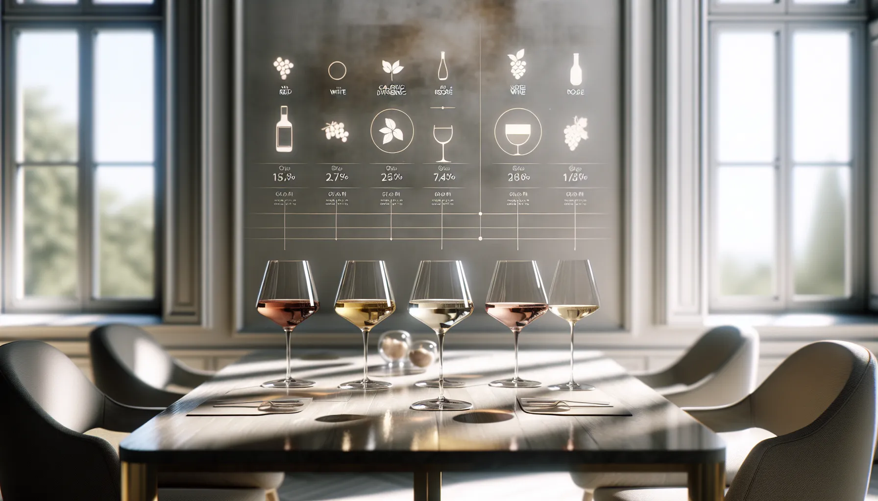 Wine glasses with nutrition info on calories and sugar content.