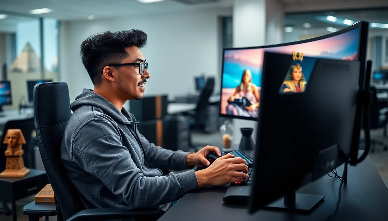 gamer immersed in an Ancient Egypt-themed video game.