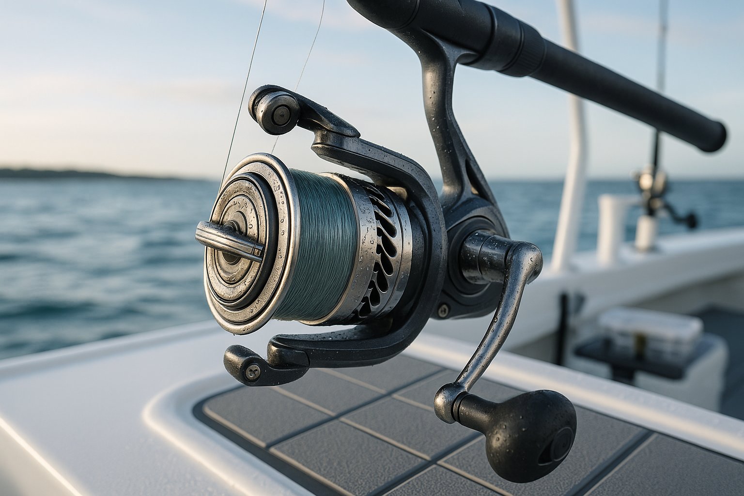 saltwater fishing reel on a boat ready for harsh coastal conditions