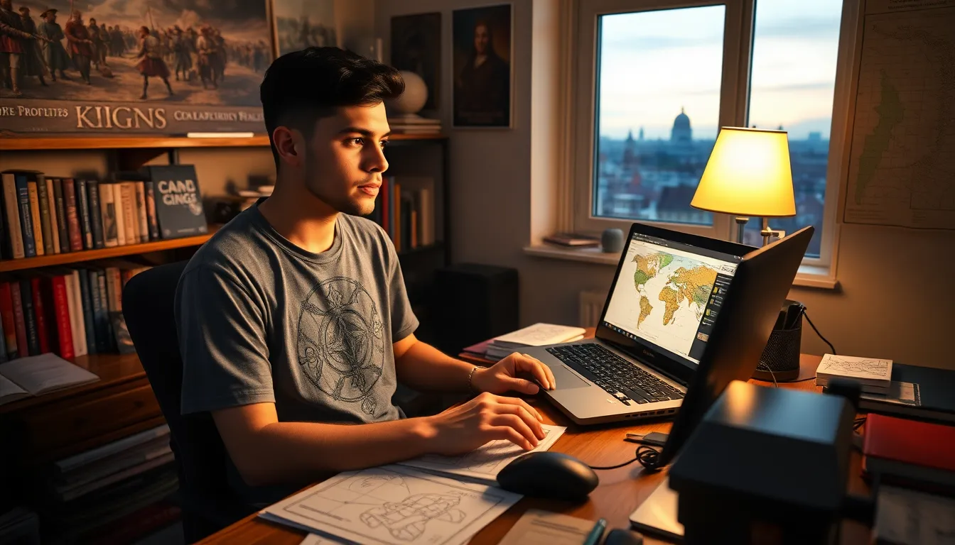 A gamer creating characters on Ck2Generator at a desk filled with strategy guides.