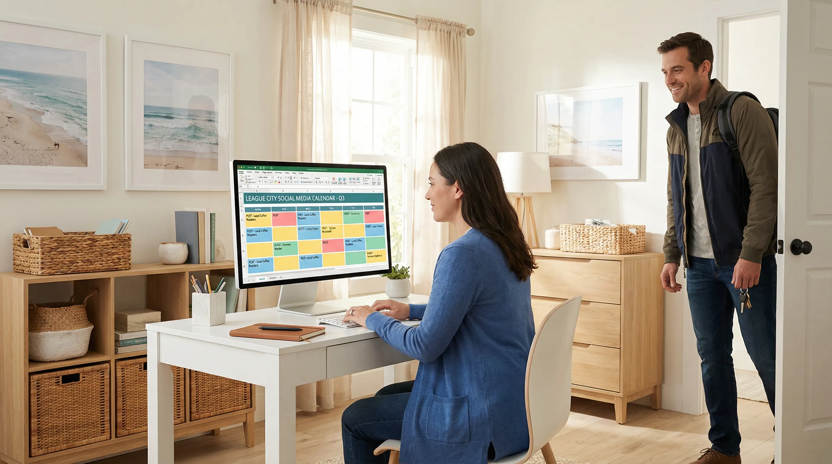 Marketing professional managing a social media content calendar for a League City business on a large monitor in a bright, organized office.
