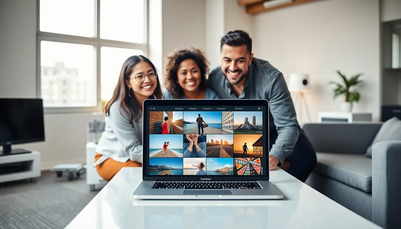 professionals collaborating on digital media storytelling in a modern office.