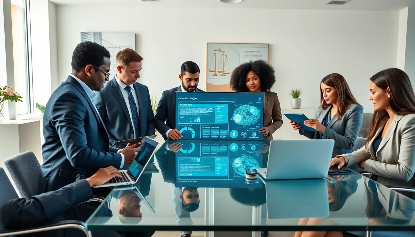 diverse legal professionals collaborating on legaltech solutions in a modern office.
