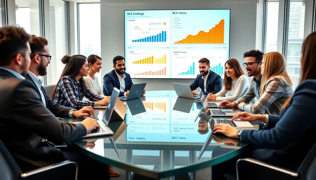 team discussing SEO strategies for SaaS in a modern office.