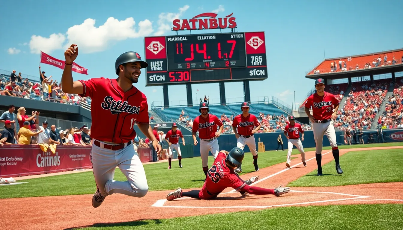 Semo baseball players in action during a game in a lively stadium.