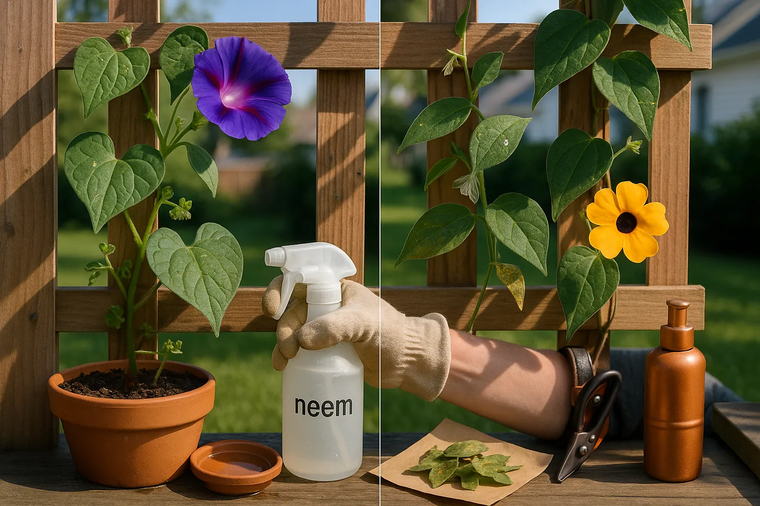 Close-up of morning glory and black-eyed susan vine showing pests and treatment.