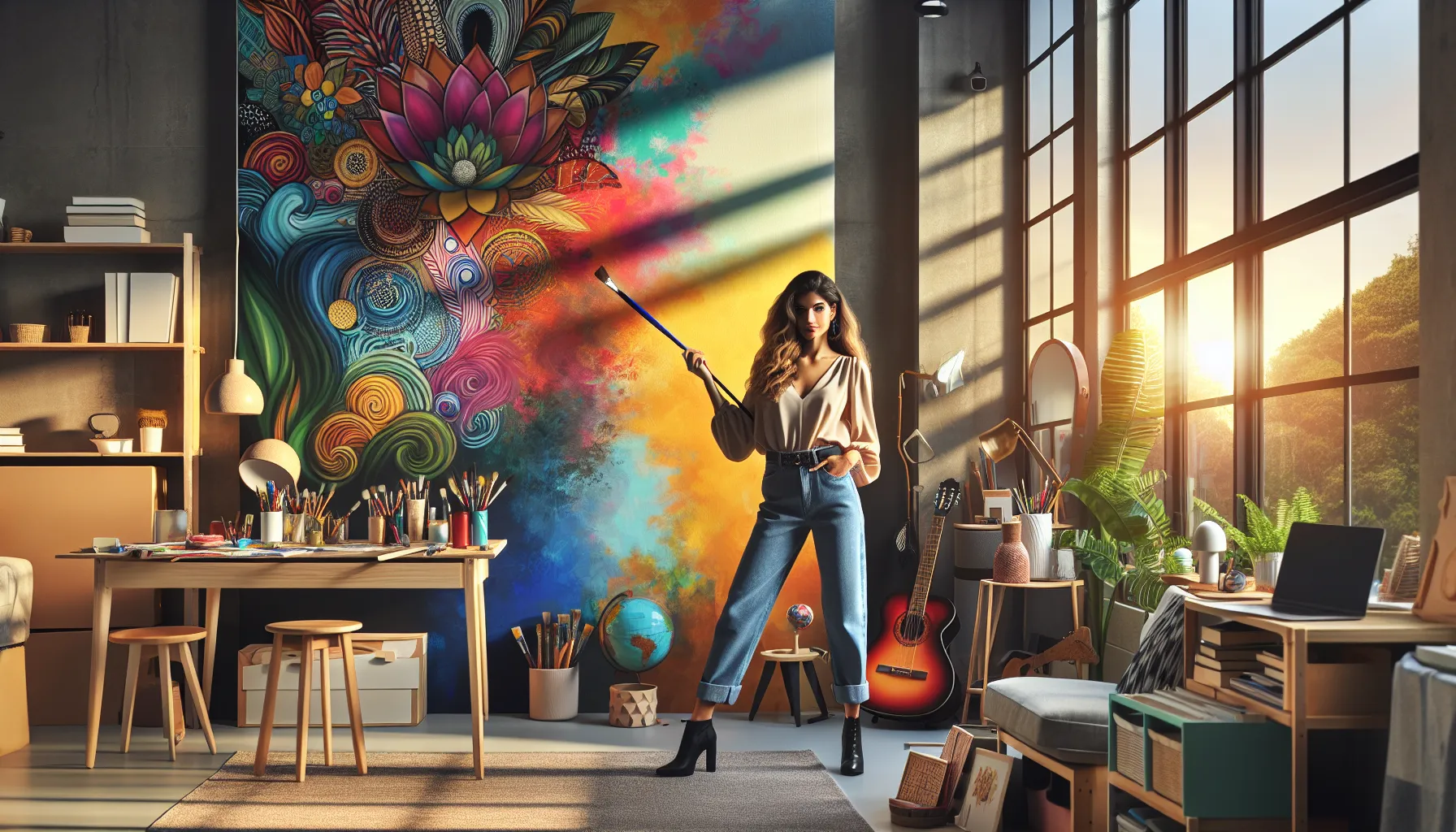 Ashley Johannsson painting in a vibrant, artistic workspace.