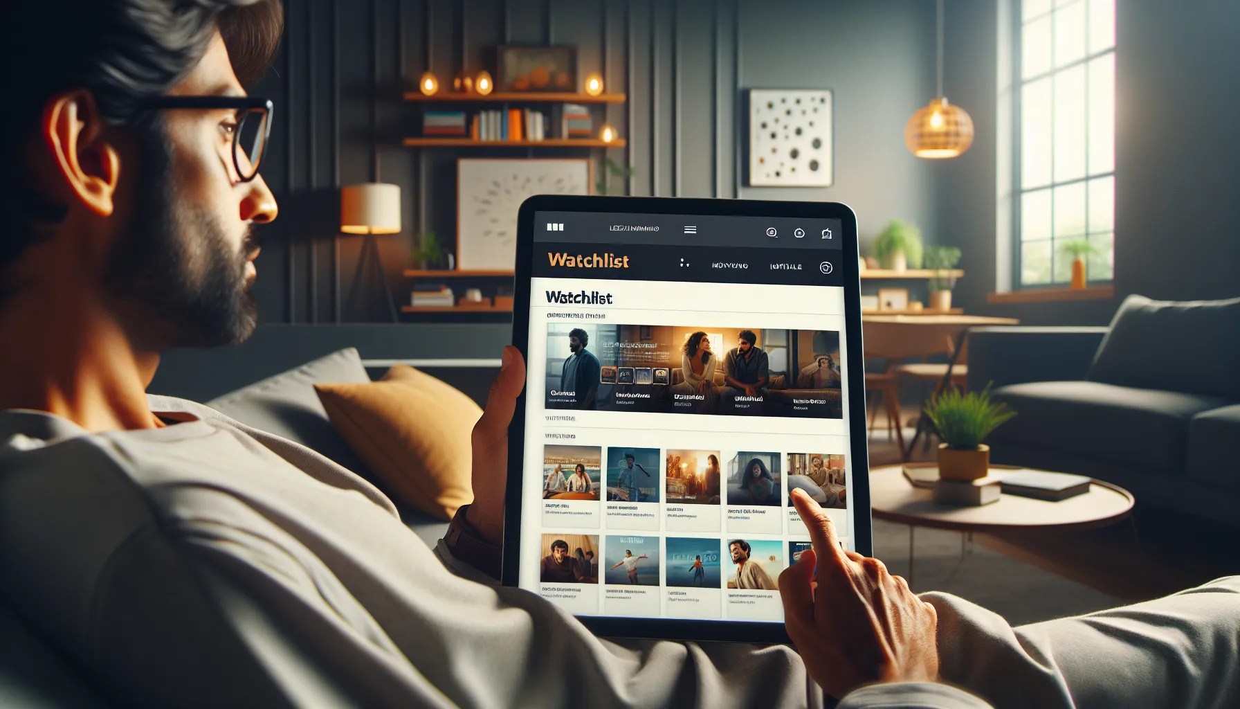 user-friendly interface of Movieswap.in on a tablet in a cozy living room.