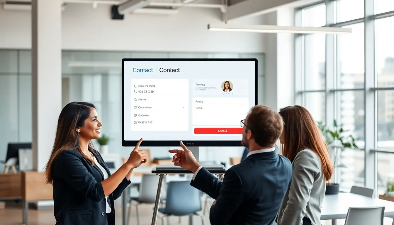 team discussing a modern contact page design in an office setting.