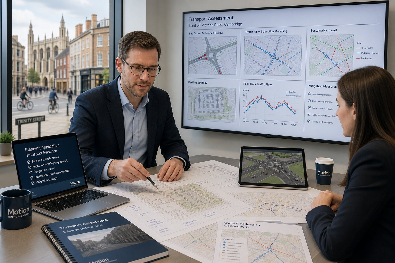 Traffic engineer reviewing Cambridge planning transport data in a modern office.