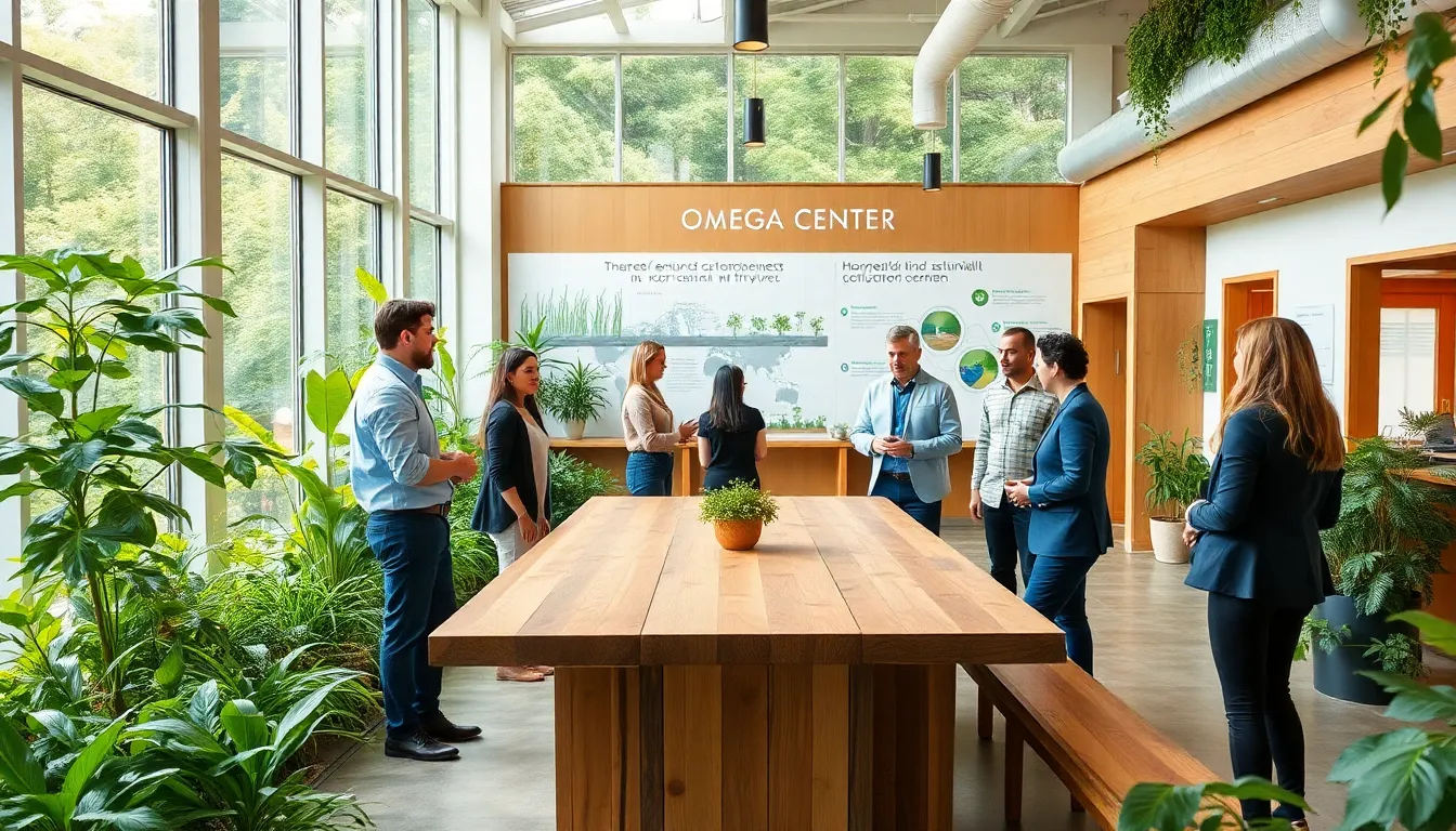 professionals discussing sustainability in a modern eco-friendly center.
