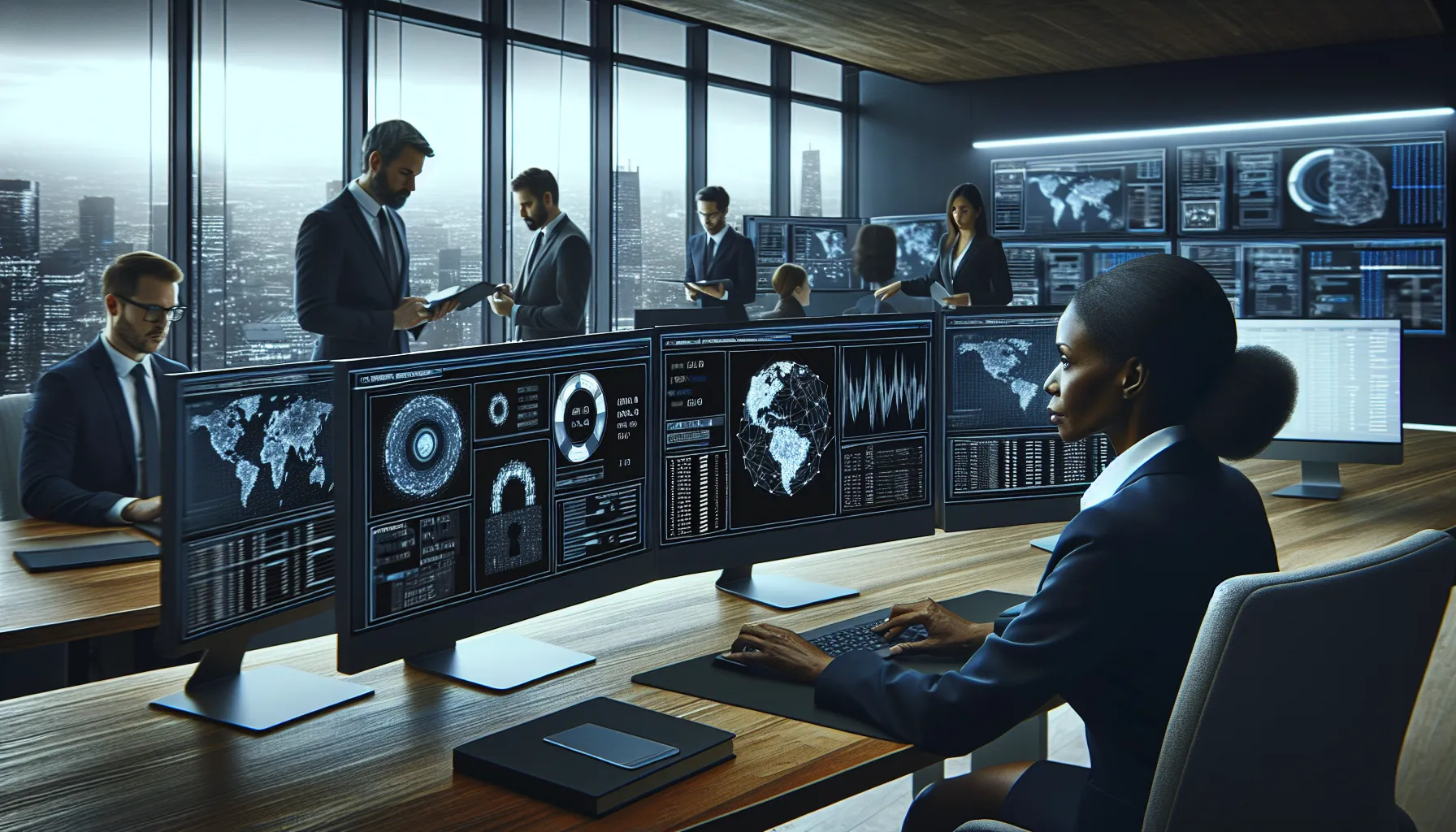 Cybersecurity team analyzing network data in a modern office.