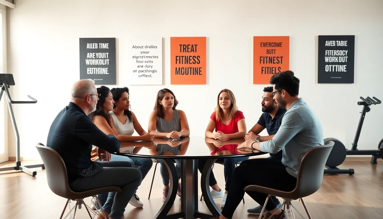 diverse group discussing workout motivation in a modern gym.