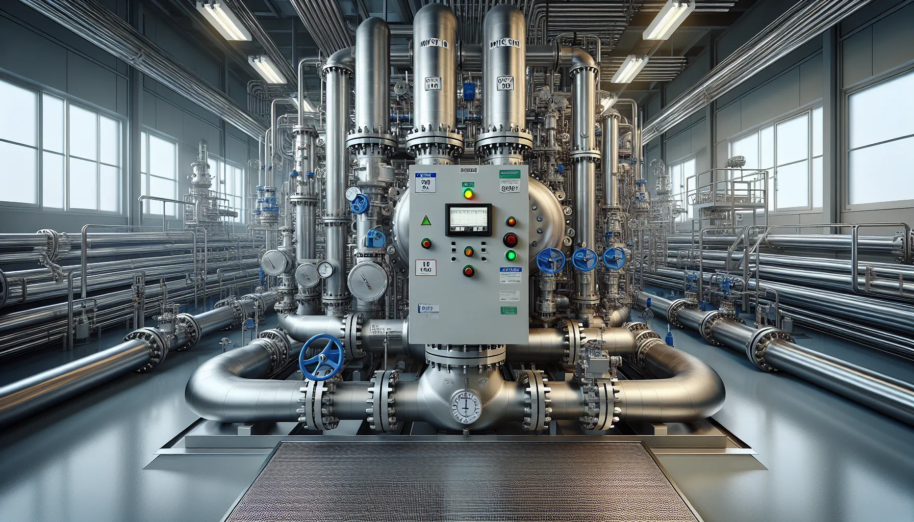 Vfd-controlled pump skid with labeled stainless piping in a norwegian plant room.