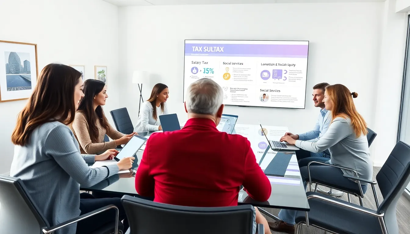 diverse team discussing salary tax in a modern office.