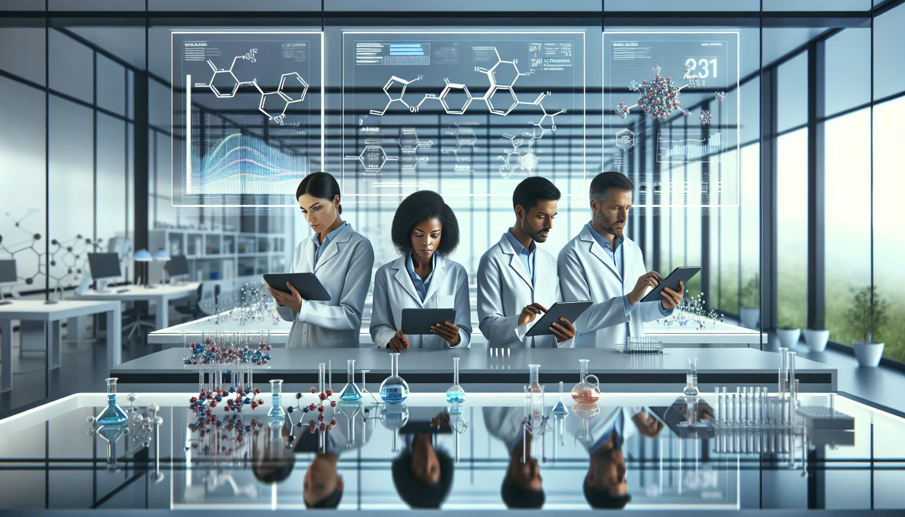 diverse researchers collaborating in a modern laboratory on Xovfullmins.