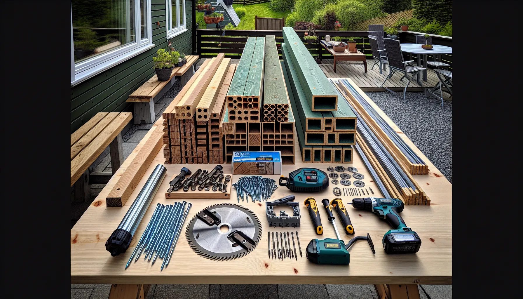 Slik velger du riktig verktøy for å bygge en pergola 2 Norwegian homeowner comparing saw blades at a workbench to plan a pergola.