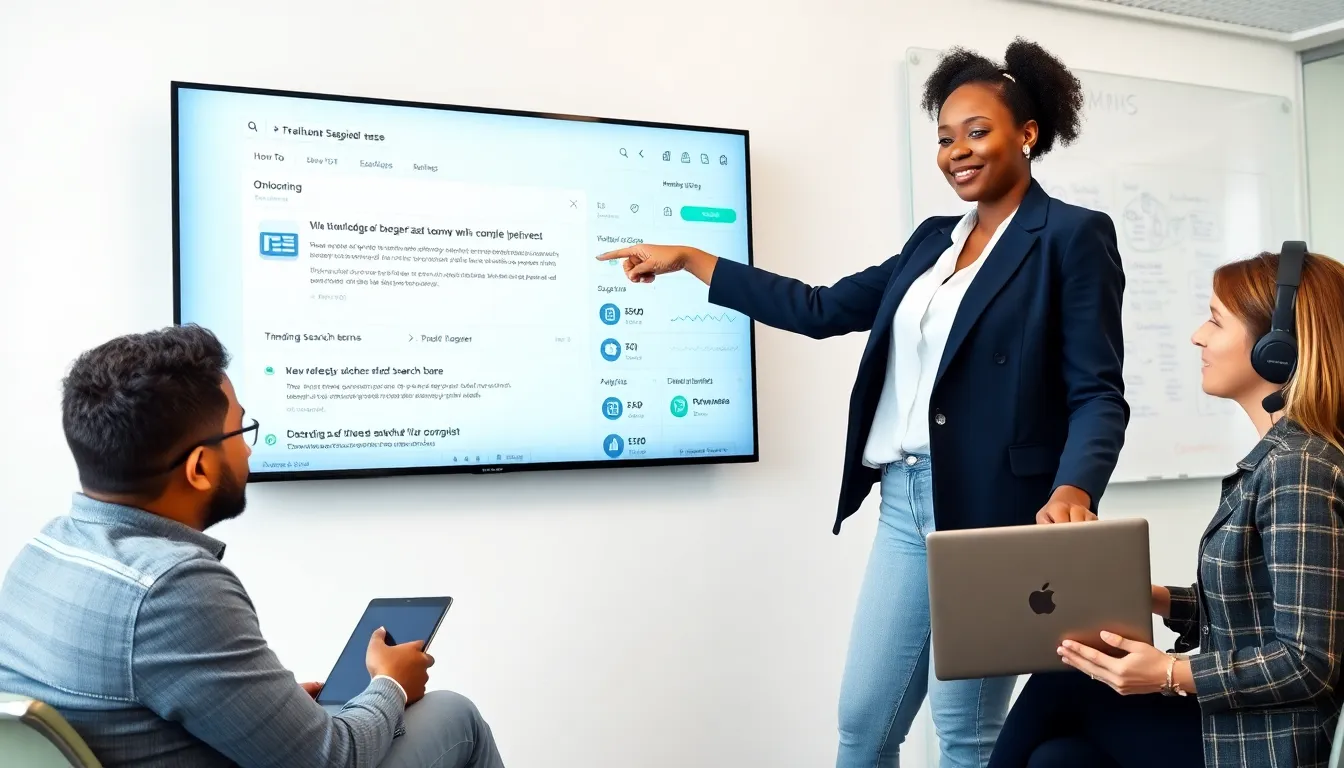 Product manager pointing at a knowledge base UI on a touchscreen display.