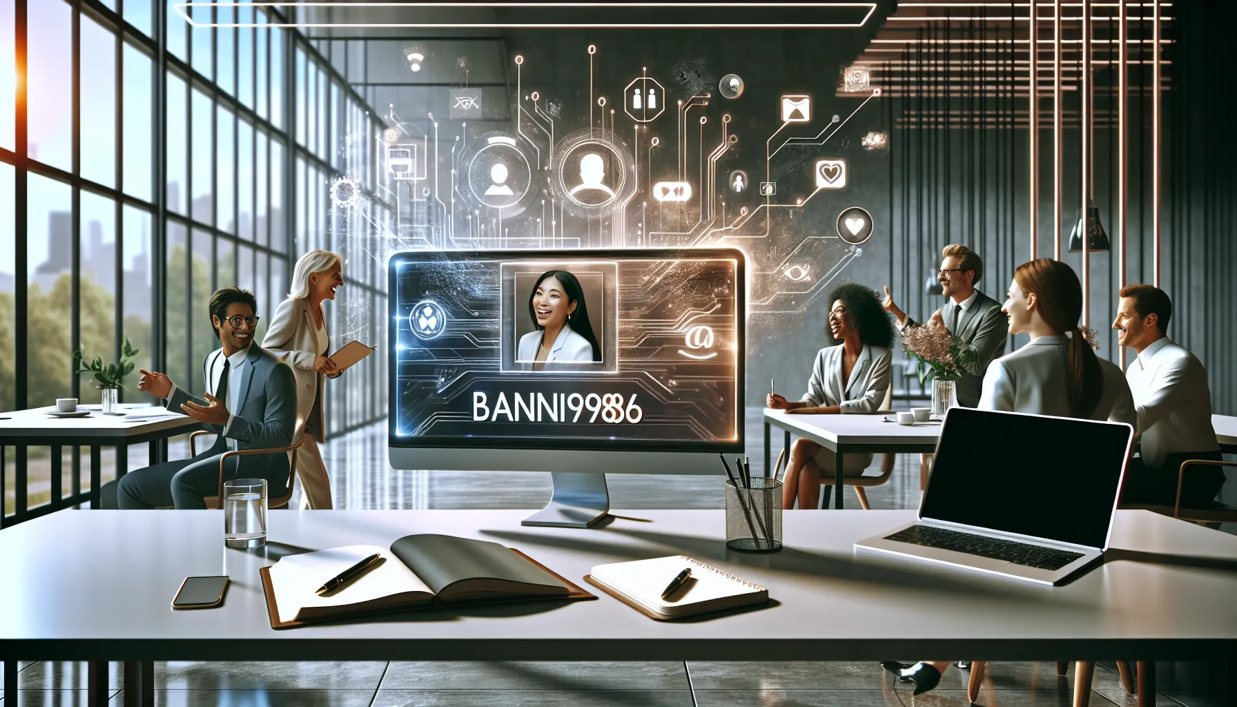 computer displaying the username bfanni8986 in a modern office setting.