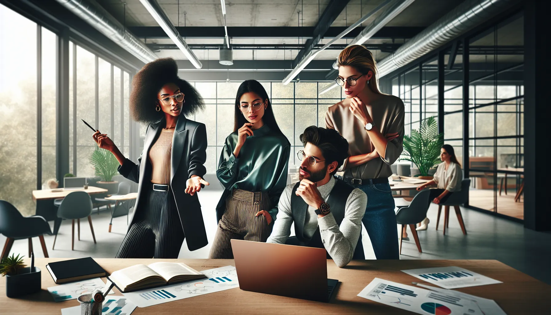 diverse team brainstorming in a modern office setting.